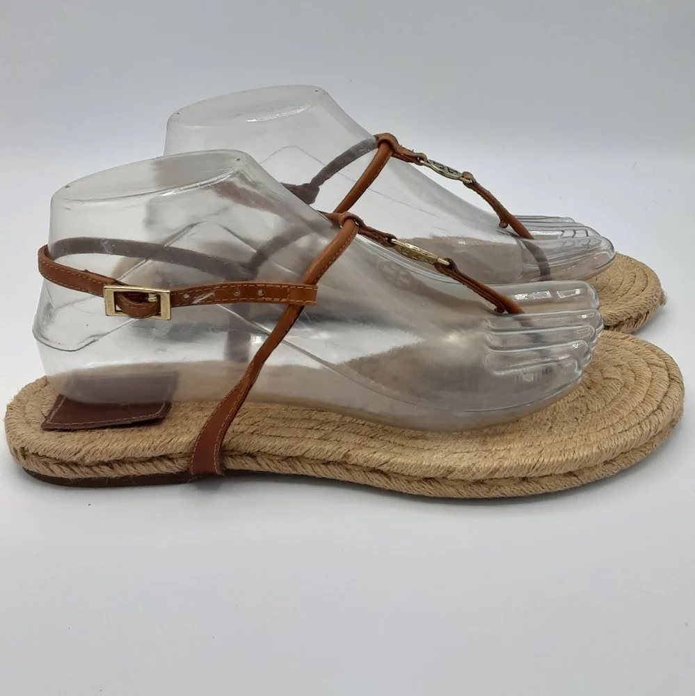 Tory Burch Emmy Brown Leather Espadrille Flat Thong Sandal.